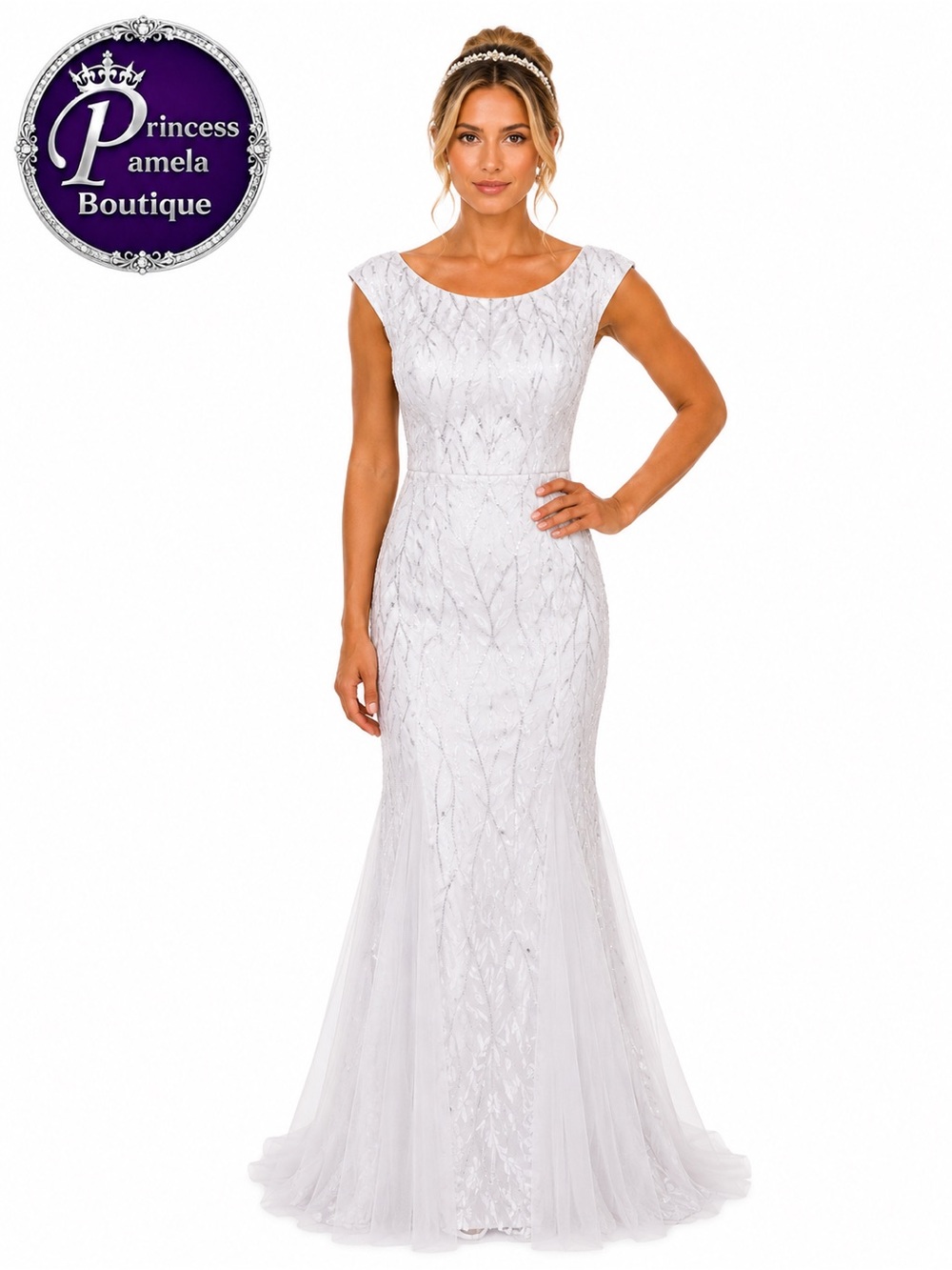#39-14 White Floral Sequin Leaf Mermaid Tulle Evening Dress